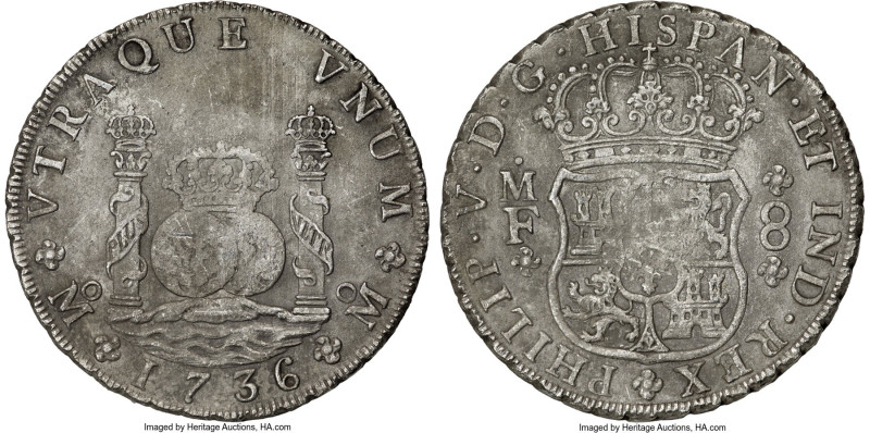 Philip V "Rooswijk" 8 Reales 1736 Mo-MF AU (Saltwater Effect), Mexico City mint,...