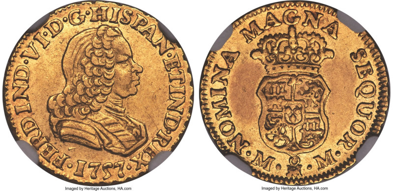 Ferdinand VI gold Escudo 1757 Mo-MM AU58 NGC, Mexico City mint, KM-A116, Cal-618...