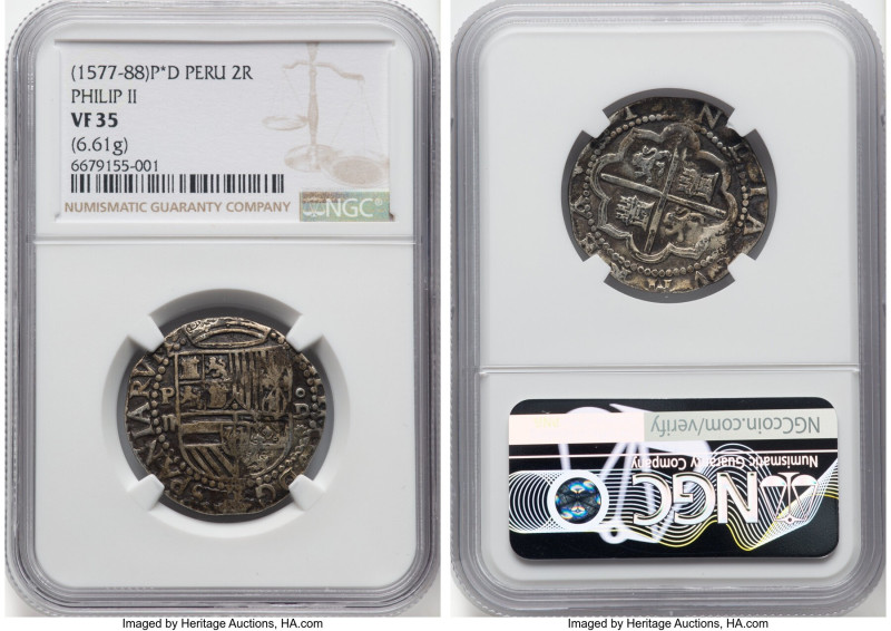 Philip II Cob 2 Reales ND (1577-1588) P-Do VF35 NGC, Lima mint, Cal-341. 6.61gm....