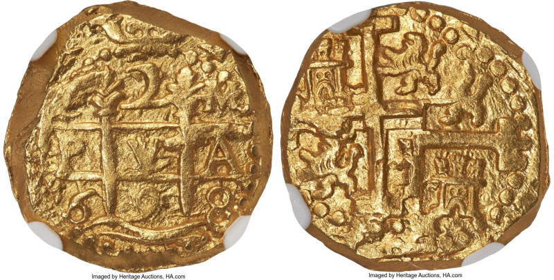 Charles II gold Cob 2 Escudos 1698 C-M MS64 NGC, Cuzco mint, KM28, Cal-855, Oro ...