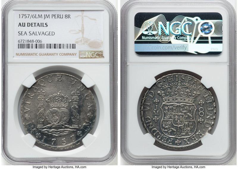 Ferdinand VI 8 Reales 1757/6 LM-JM AU Details (Sea Salvaged) NGC, Lima mint, KM5...