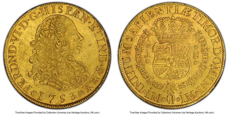 Ferdinand VI gold 8 Escudos 1753 LM-J MS61 PCGS, Lima mint, KM50, Cal-766. With ...