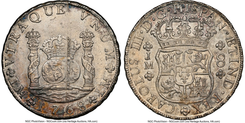 Charles III 8 Reales 1768 LM-JM MS63 NGC, Lima mint, KM-A64.2, Cal-1028. Variety...