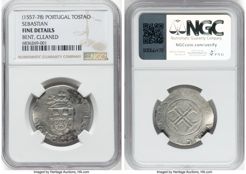 Sebastião I Tostão ND (1570-1578) Fine Details (Bent, Cleaned) NGC, Lisbon mint,...