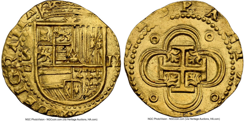 Philip II gold Cob 2 Escudos ND (1566-1587) S-D AU58 NGC, Seville mint, Cal-827....