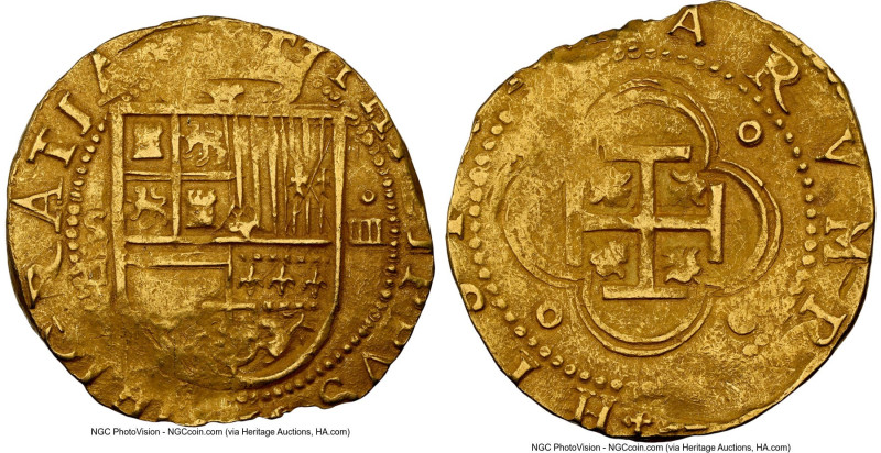 Philip II gold Cob 4 Escudos ND (1556-1587) S-D AU58 NGC, Seville mint, Cal-887....