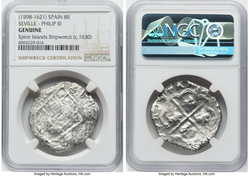 Philip IV "Spice Islands Wreck" Cob 8 Reales ND (1598-1621) S-B Genuine NGC, Sev...