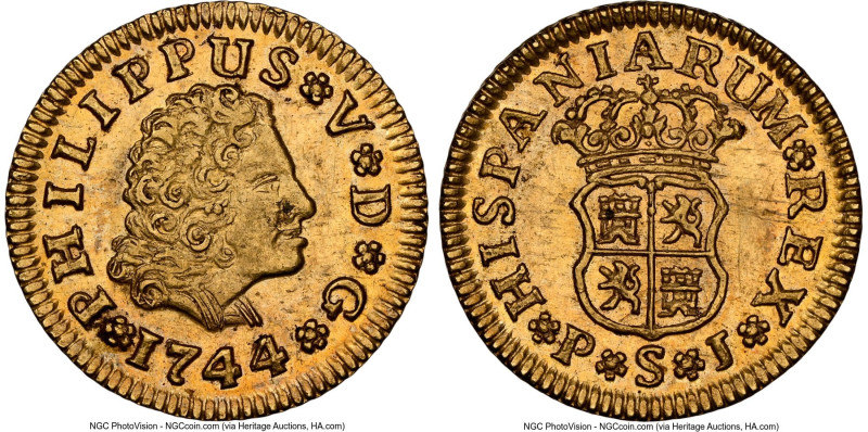 Philip V gold 1/2 Escudo 1744 S-PJ AU58 NGC, Seville mint, KM361.2, Cal-1649. Se...