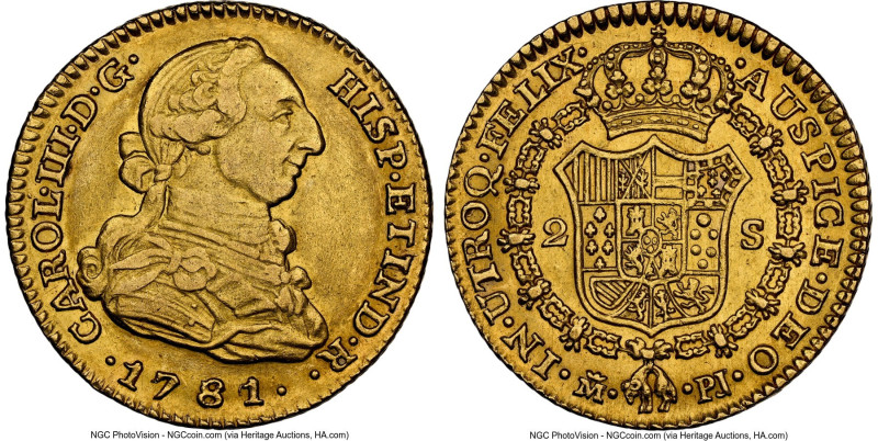 Charles III gold 2 Escudos 1781/79 M-PJ AU58 NGC, Madrid mint, KM417.1, Cal-1560...