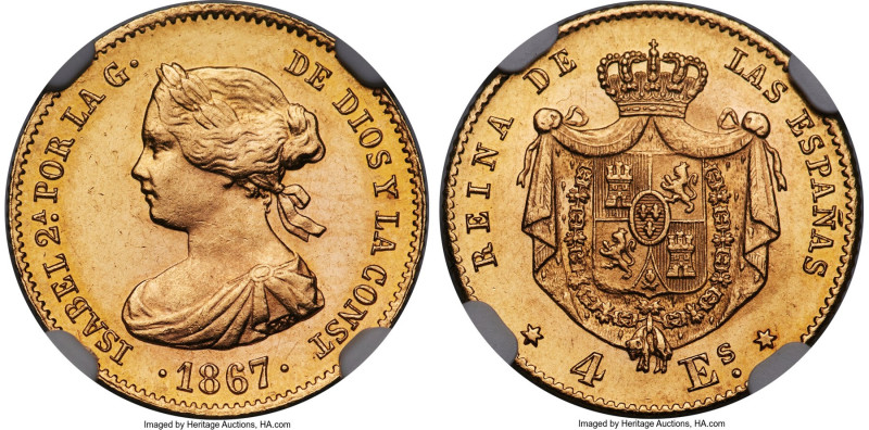 Isabel II gold 4 Escudos 1867 MS63 NGC, Madrid mint, KM631.1, Cal-691. Choice in...