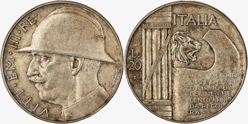 REGNO D'ITALIA, VITTORIO EMANUELE III, 1900-1946 - 20 Lire Elmetto - 1928

D/ ...