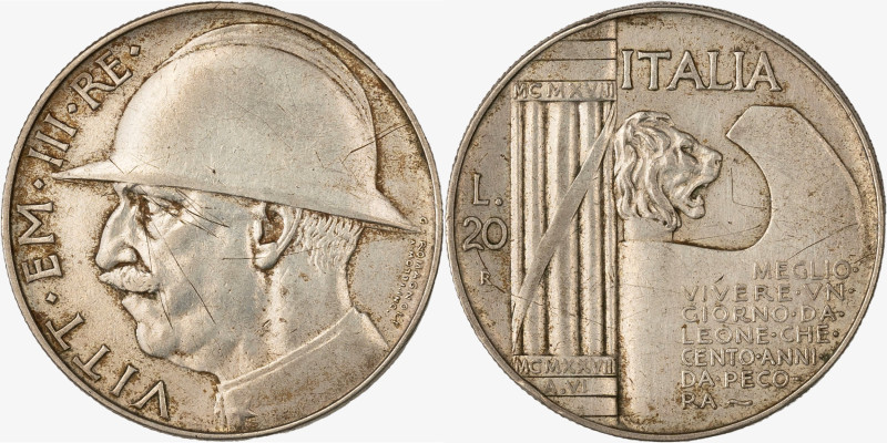 REGNO D'ITALIA, VITTORIO EMANUELE III, 1900-1946 - 20 Lire Elmetto - 1928

D/ ...