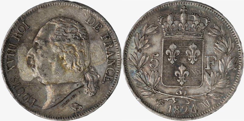 FRANCIA, LUIGI XVIII, 1815-1824 - 5 Franchi - 1824

Metallo: AR. qBB