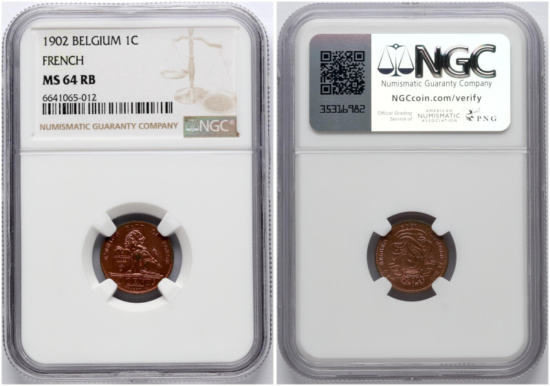 Belgium. Leopold II (1865-1909). 1 Centime 1902. Copper. KM 33. NGC MS 64 RB. TO...