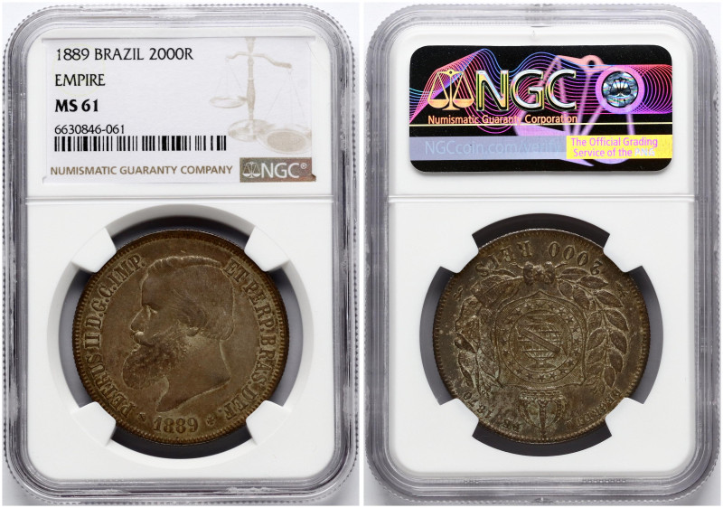 Brazil. Peter II (1831-1889). 2000 Reis 1889. Silver. KM 485. NGC MS 61.