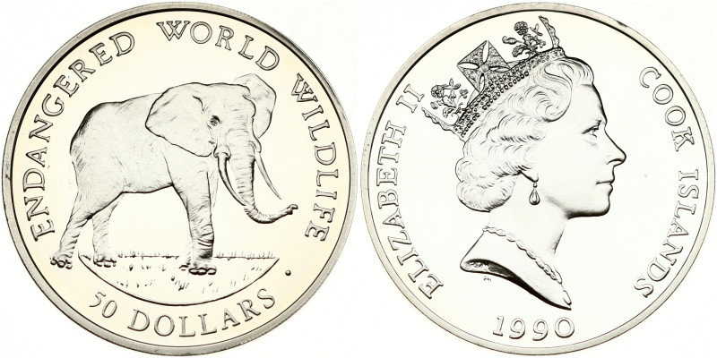 Cook Islands 50 Dollars 1990 African Elephant. Elizabeth II (1952-2022). Endange...