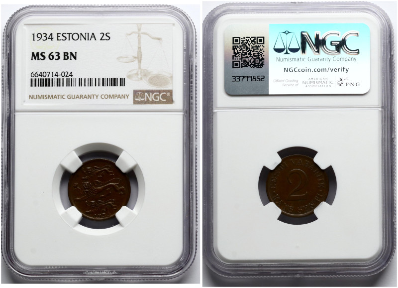 Estonia. 2 Senti 1934. Bronze. KM 15, Kaupo Laan 16. NGC MS 63 BN.