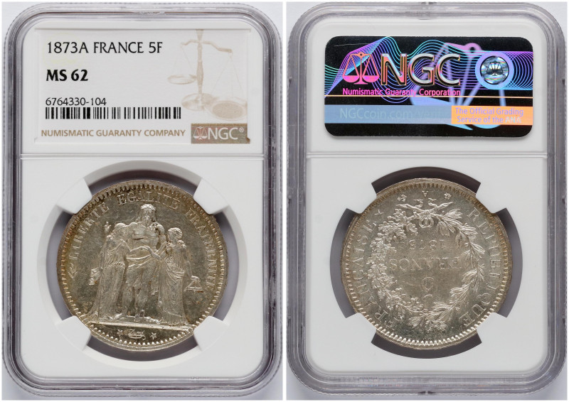 France. 5 Francs 1873 A. Silver. KM 820. NGC MS 62.