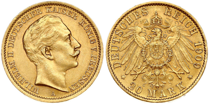 Germany, Prussia. Wilhelm II (1888-1918). 20 Mark 1909 A. Gold 7.95 g. KM 521.