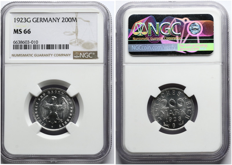 Germany, Weimar Republic. 200 Mark 1923 G. Aluminium. KM 35. NGC MS 66. Only 1 c...