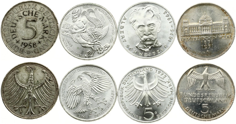 Germany, Federal Republic. 5 Mark 1958-1976. Silver .625, total weight 44.70 g. ...