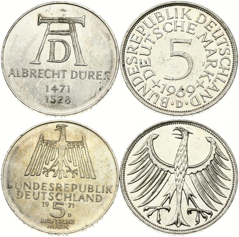 Germany Federal Republic 5 Mark 1969 D & 1971 D. Emblem of Germany. 500th Annive...