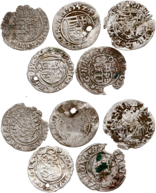 Hungary. Denar 1552-1630. Billon, total weight 1.72 g. Lot of 5 coins. Chipped e...