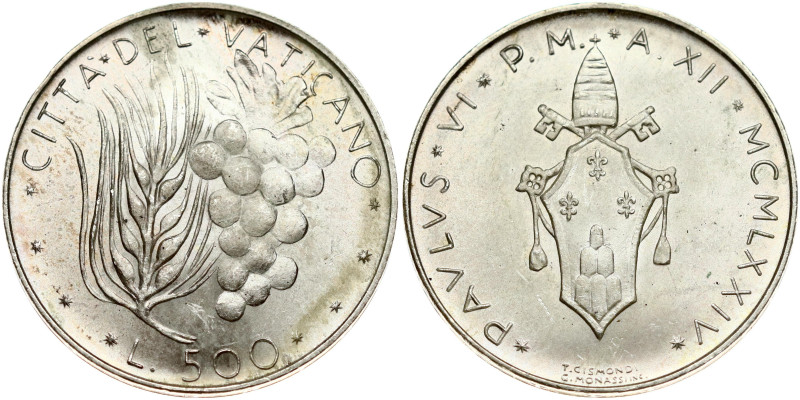 Italy Vatican City 500 Lire 1976. Paul VI (1963-1978). Silver .835, 10.97 g. KM-...