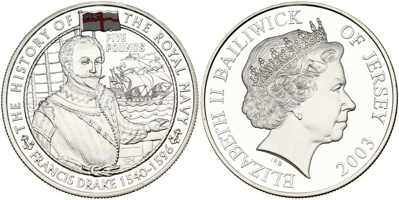 Jersey. Elizabeth II (1952-2022). 5 Pounds 2003, Sir Francis Drake. The History ...