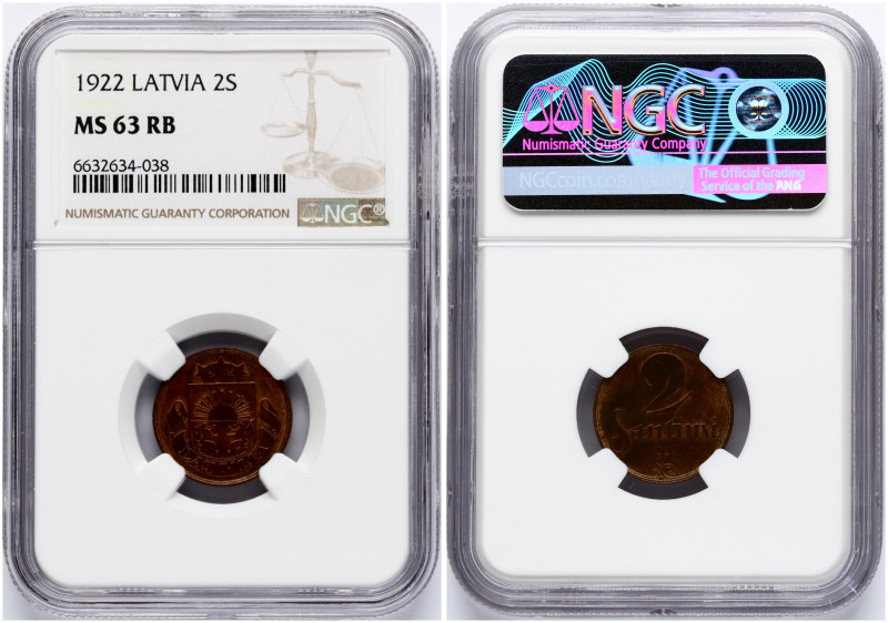 Latvia. 2 Santimi 1922. Bronze. KM 2. NGC MS 63 RB.