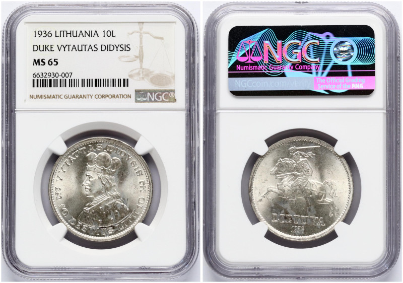 Lithuania. 10 Litu 1936 Vytautas. Silver. KM 83. NGC MS 65. Only 5 coins in high...