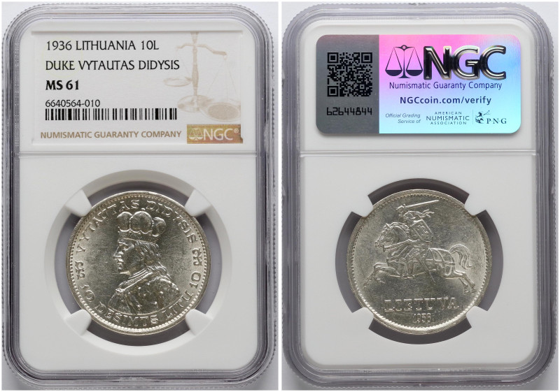 Lithuania. 10 Litu 1936 Vytautas. Silver. KM 83. NGC MS 61.