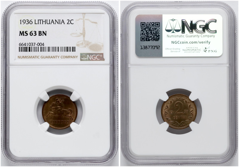 Lithuania. 2 Centai 1936. Bronze. KM 80. NGC MS 63 BN.