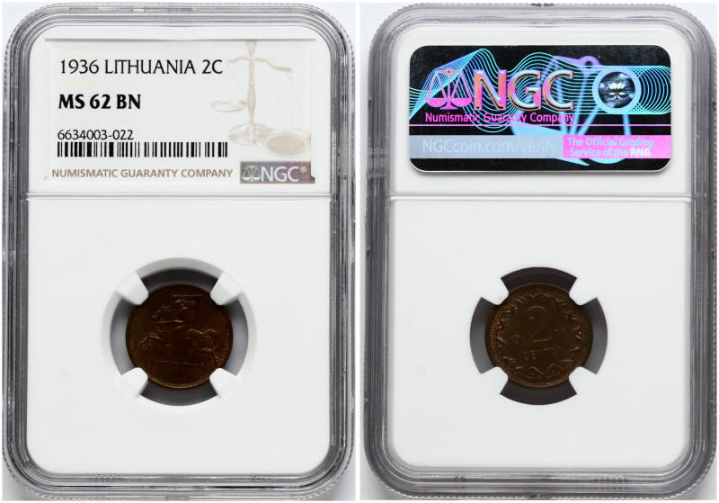 Lithuania. 2 Centai 1936. Bronze. KM 80. NGC MS 62 BN