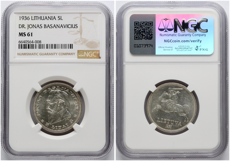 Lithuania. 5 Litai 1936 Jonas Basanavicius. Silver. KM 82. NGC MS 61.