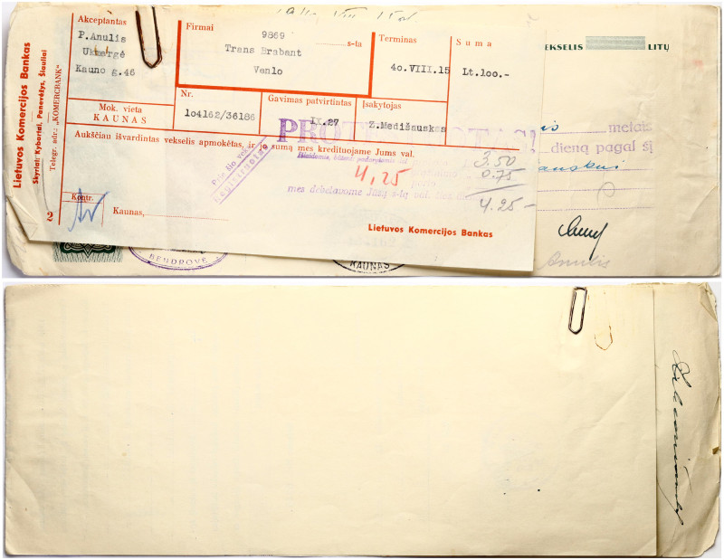 Lithuania. Bill of exchange 100 Litu 1940, Kaunas, Ukmergė. Radio engineering co...