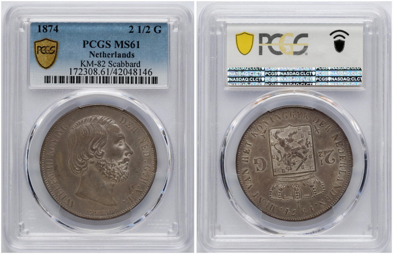 Netherlands. William III (1849-1890). 2½ Gulden 1874. Silver. KM 82. PCGS MS 61....