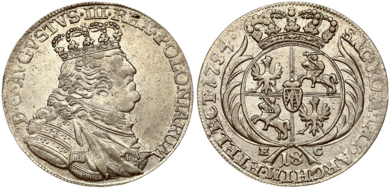 Poland. August III (1733–1763). Ort 1754 EC, Leipzig. Silver 5.93 g. Kop. 2111; ...