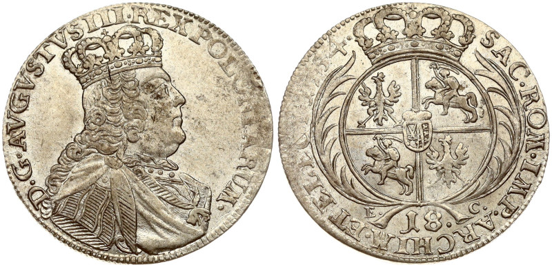 Poland. August III (1733–1763). Ort 1754 EC, Leipzig. Silver 5.53 g. Kop. 2111; ...