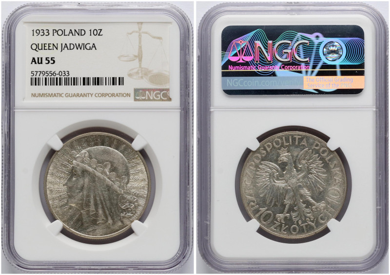 Poland. 10 Zlotych 1933 MW, Jadwiga. Warsaw. Silver. Y 22. NGC AU 55.