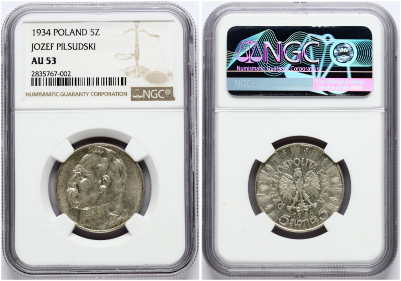 Poland. 5 Zlotych 1934 Pilsudski. Silver. Parchimowicz 118a. NGC AU 53