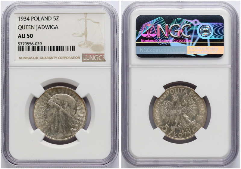 Poland. 5 Zlotych 1934 MW, Jadwiga. Warsaw. Silver. Y 21. NGC AU 50.