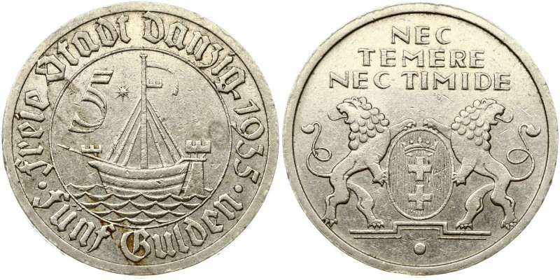 Poland Gdansk 5 Gulden 1935 Ship at sea. Nickel 11.05g. KM-158