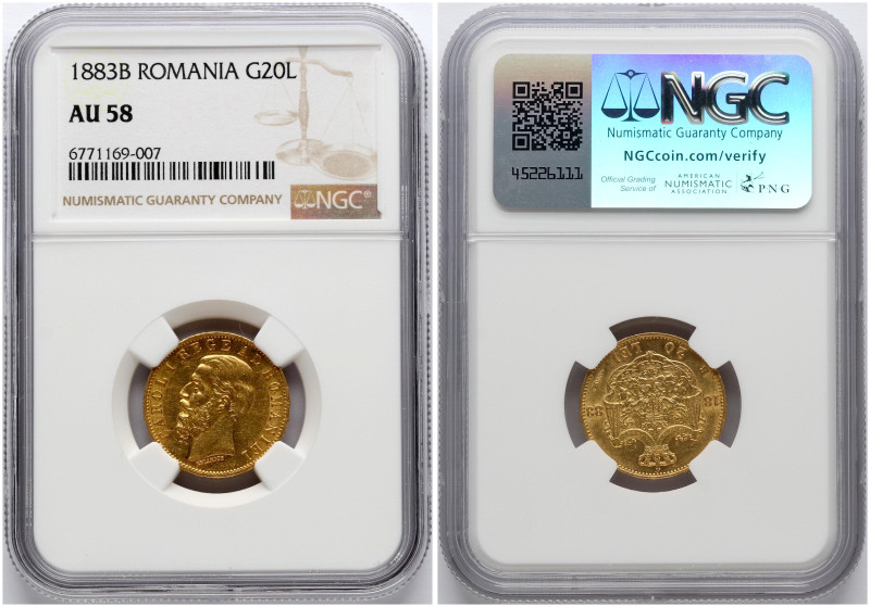 Romania. Carol I (1881-1914). 20 Lei 1883 B. Gold. KM 20. NGC AU 58.