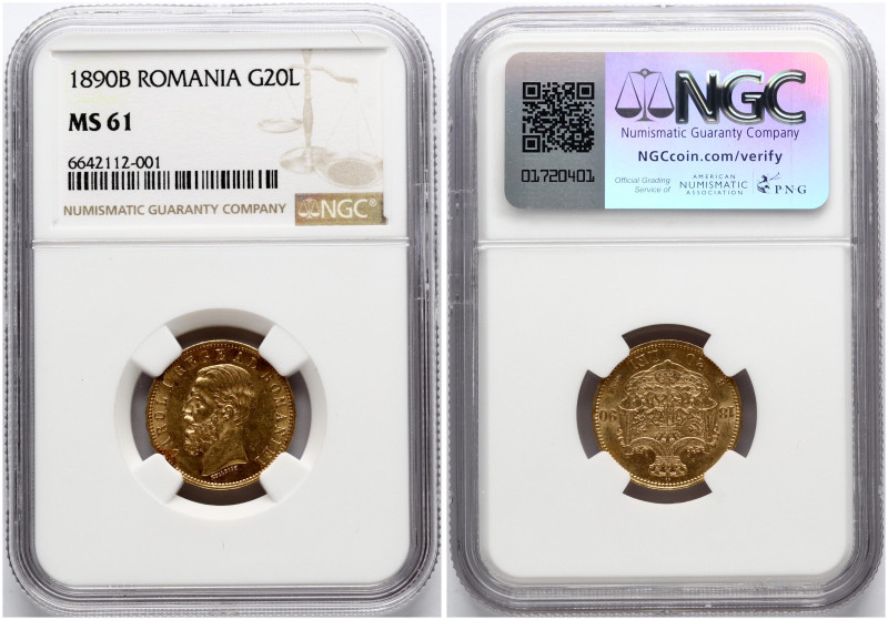 Romania. Carol I (1881-1914). 20 Lei 1890 B. Gold. KM 20. NGC MS 61.