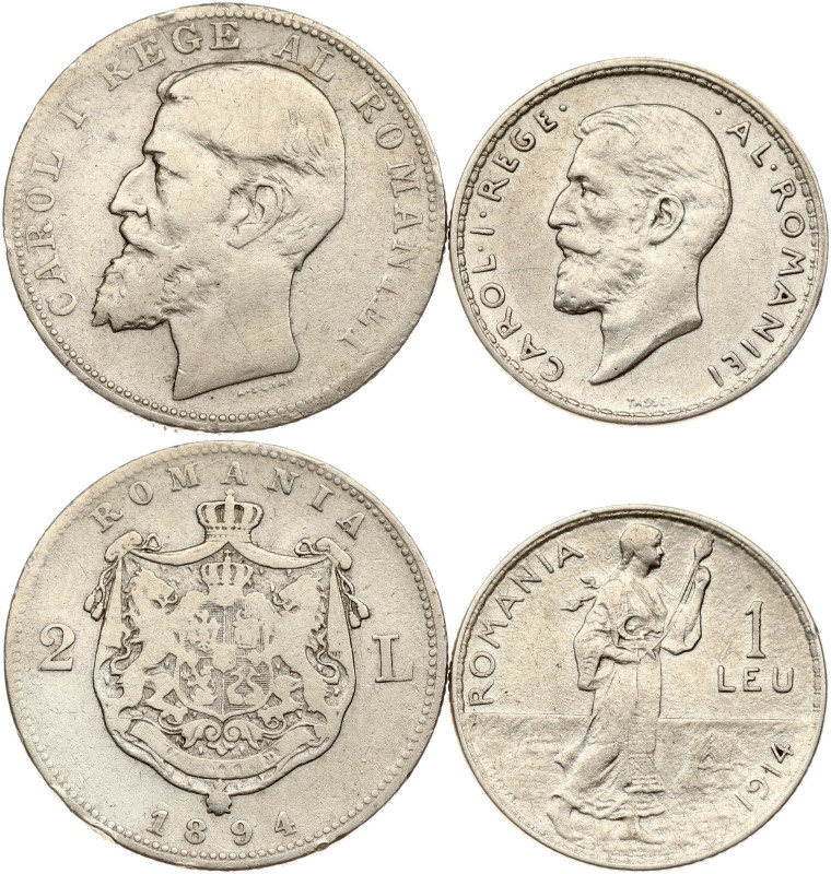 Romania. Carol I (1881-1914). 2 Lei 1894 & 1 Leu 1914. Silver, total weight, 14....