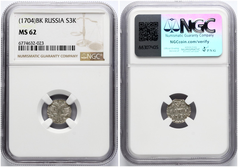 Russia. Peter I (1699-1725). Altyn 1704 БК. Date 'ЯWД'. Silver. Bitkin 1156. NGC...