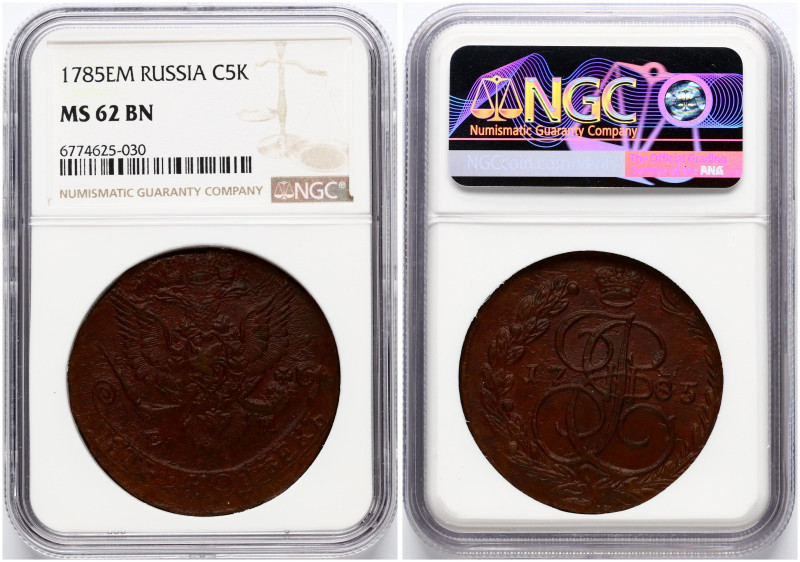 Russia. Catherine II (1762-1796). 5 Kopecks 1785 ЕМ. Copper. Bitkin 636. NGC MS ...