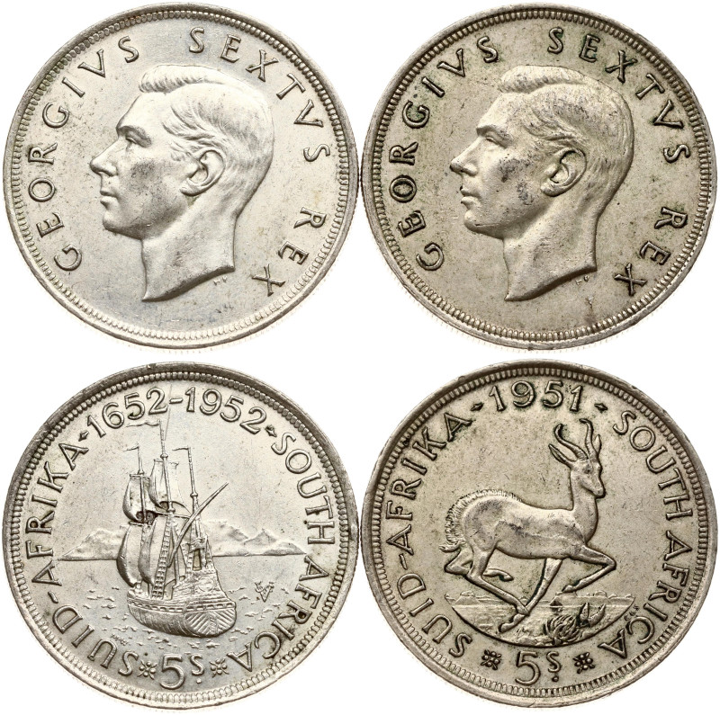 South Africa. George VI (1936-1952). 5 Shillings 1951 & 1952. Silver .500, total...