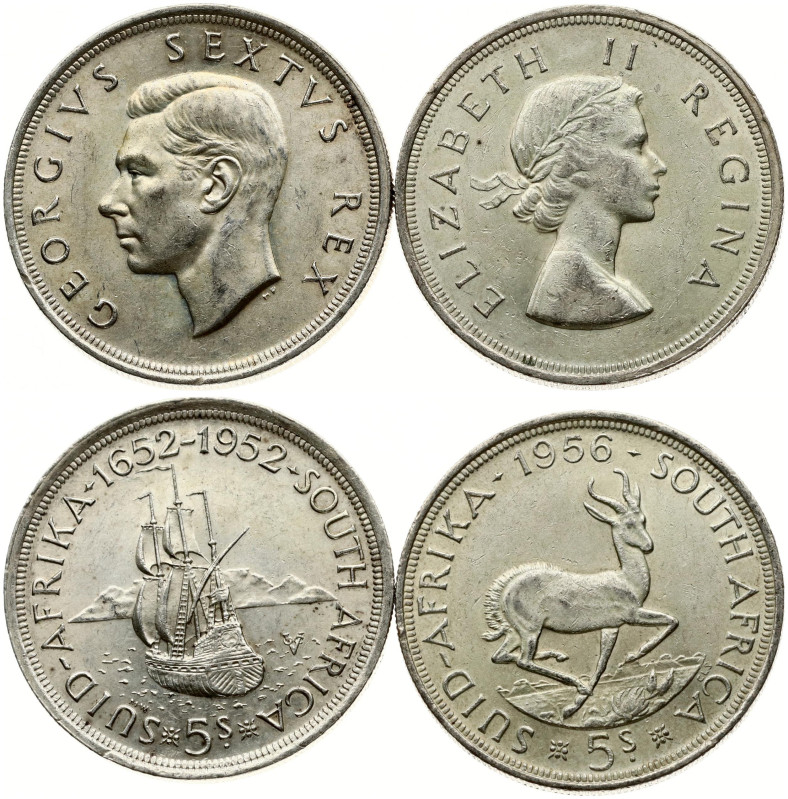 South Africa. 5 Shillings 1952 & 1956. Silver .500, total weight 56.44 g. KM 41,...